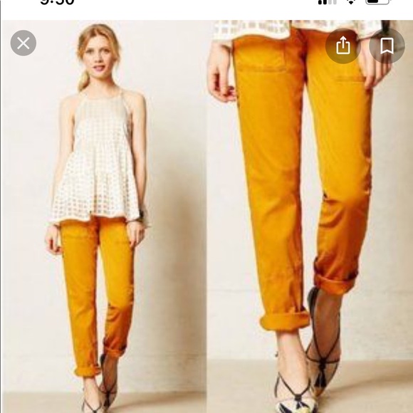 Anthropologie Hei Hei Darby Moto roll up utility chino pants mustard size 25 - Picture 8 of 8
